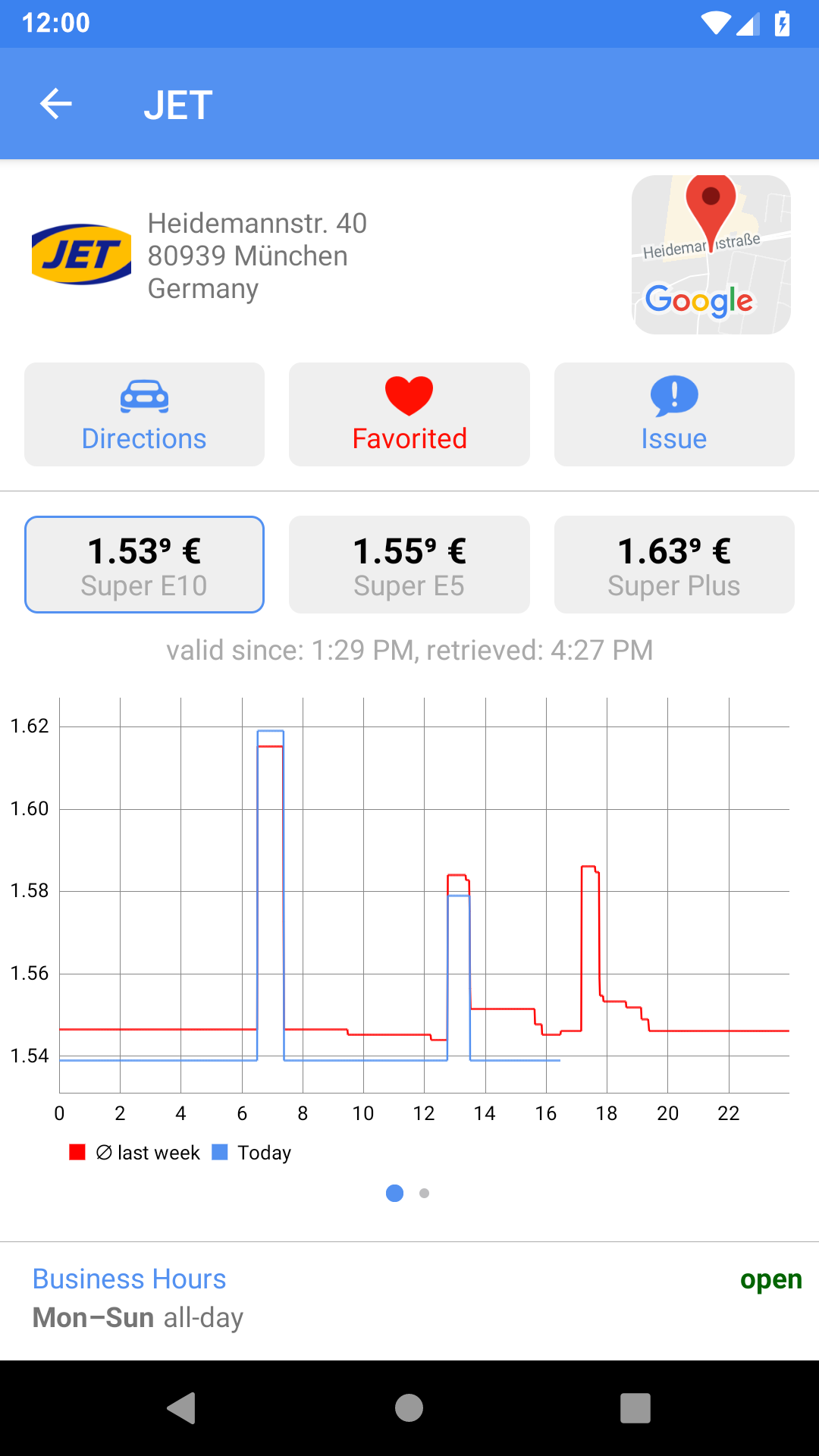 Detailansicht einer Tankstelle mit Kraftstoffpreisen und Preisverlauf