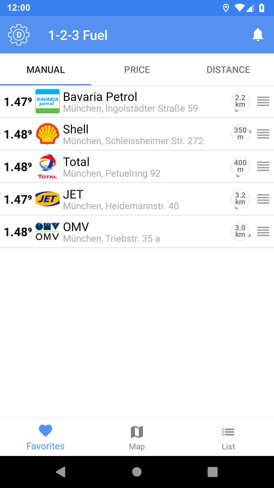 Gespeicherte Tankstellen in der Favoritenliste