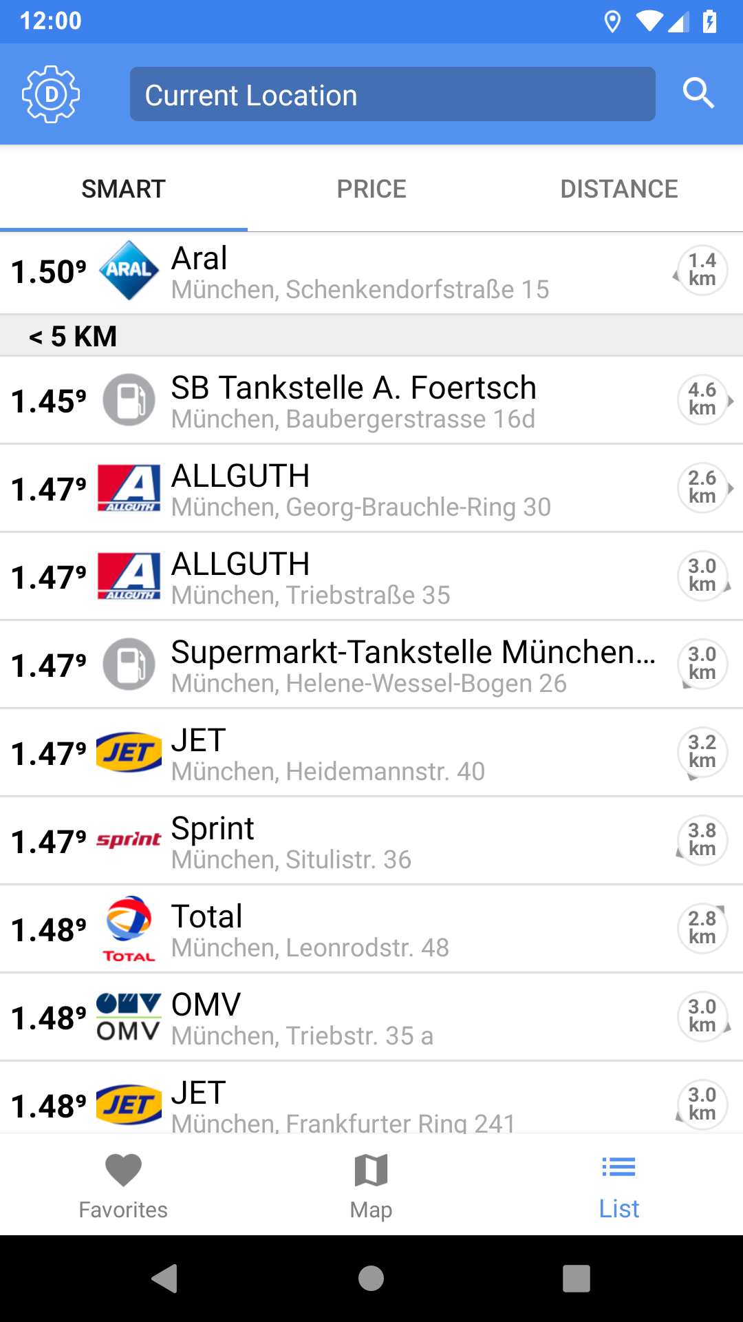 Tankstellen nach Entfernung und Literpreis in der 1-2-3 Fuel App