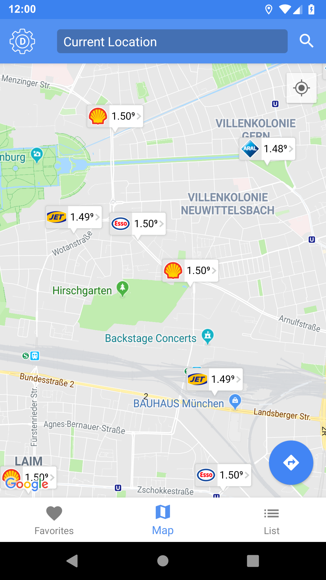 Karte mit Tankstellen und Beispielpreisen in München
